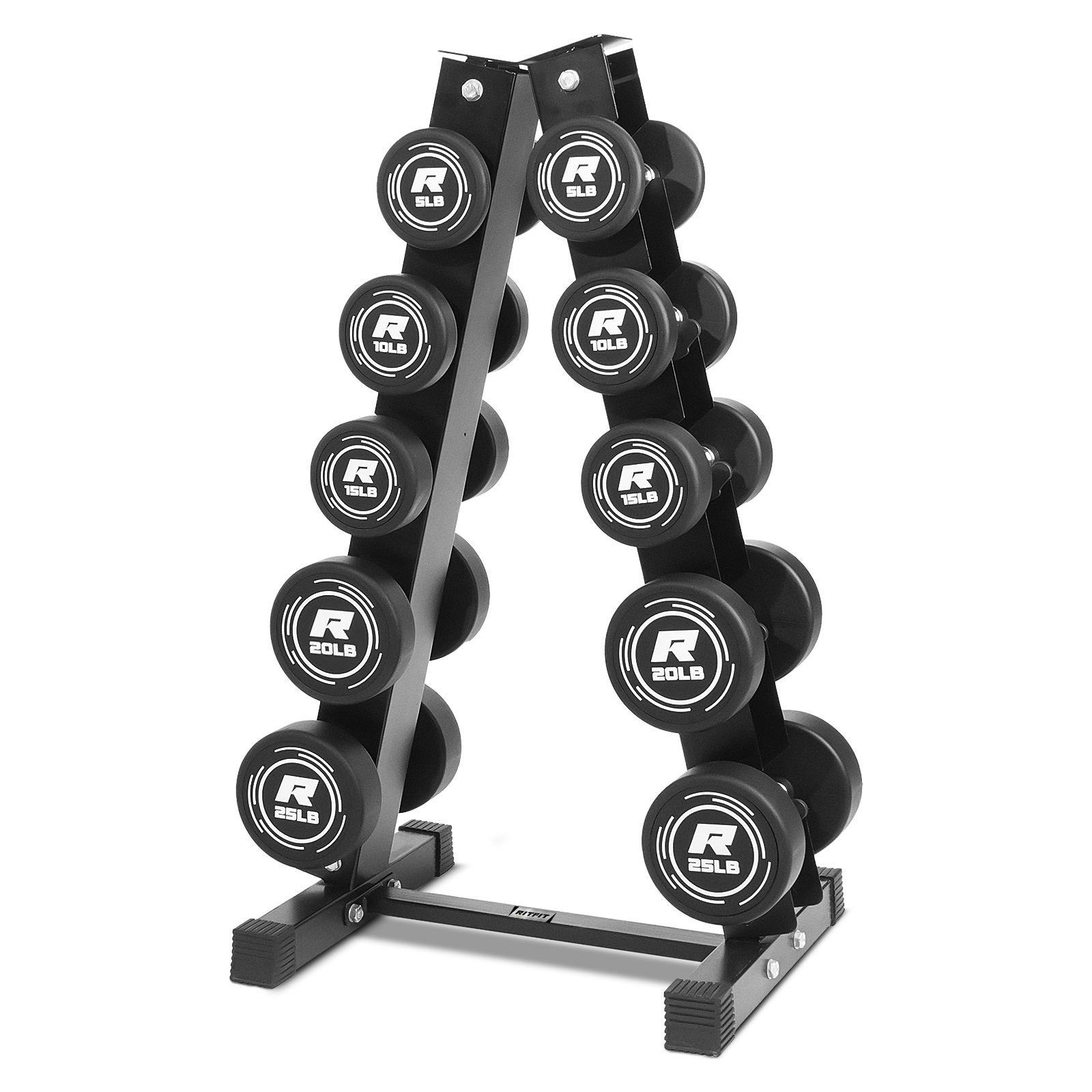 RitFit Rubber Hex Dumbbells Set with Rack 60LB-300LB