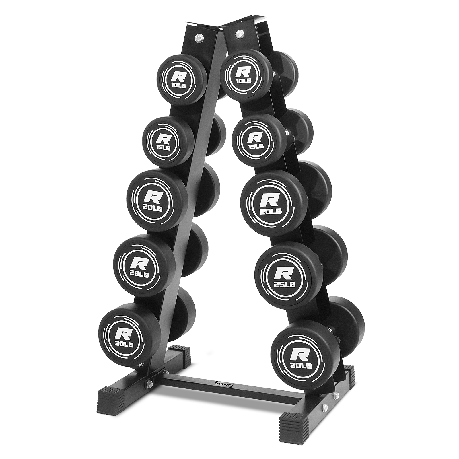 RitFit Rubber Hex Dumbbells Set with Rack 60LB-300LB