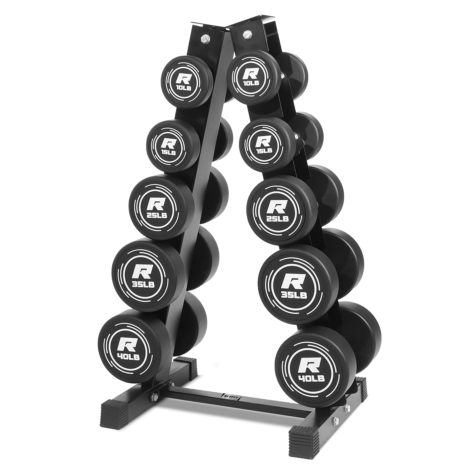 RitFit Rubber Hex Dumbbells Set with Rack 60LB-300LB