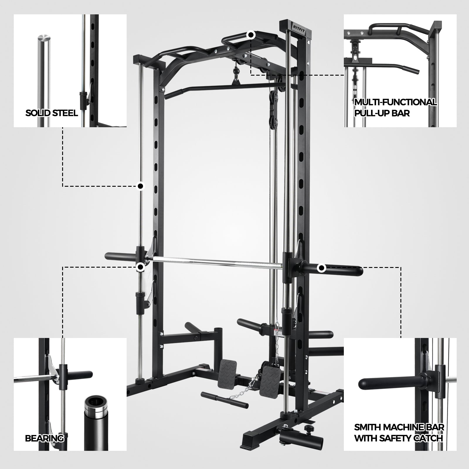 RitFit PSR05 2.0 Multifunctional Smith Machine Power Rack with LAT-Pull Down System