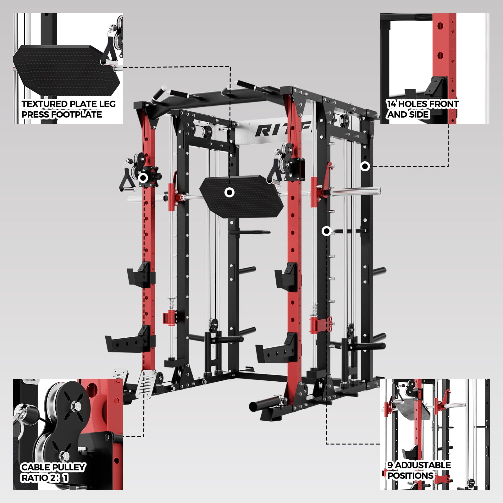 RitFit BUFFALO Multifunctional Smith Machine with Lat Pull Down and Cable Crossover for Versatile Strength Training