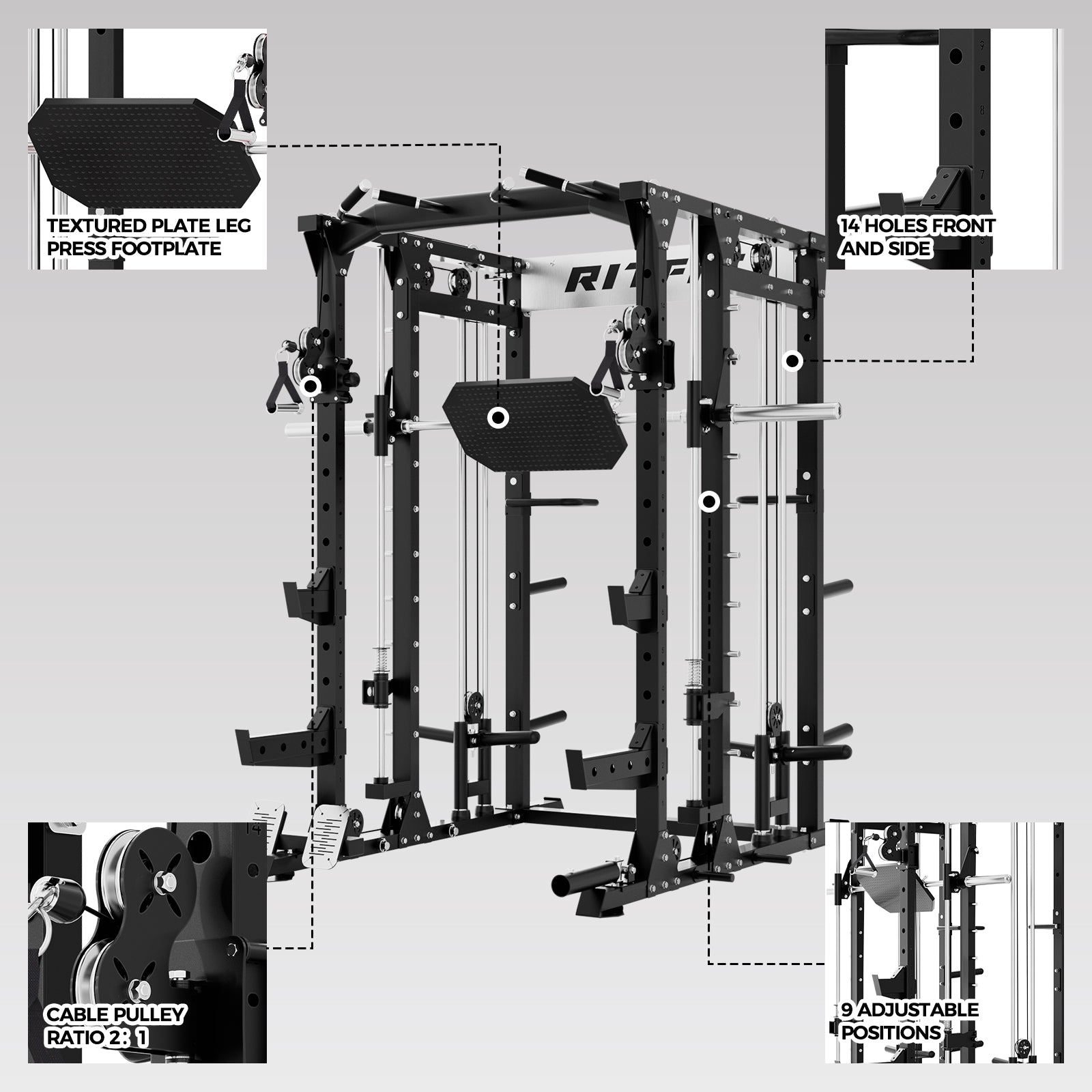 RitFit BUFFALO Multifunctional Smith Machine with Lat Pull Down and Cable Crossover for Versatile Strength Training