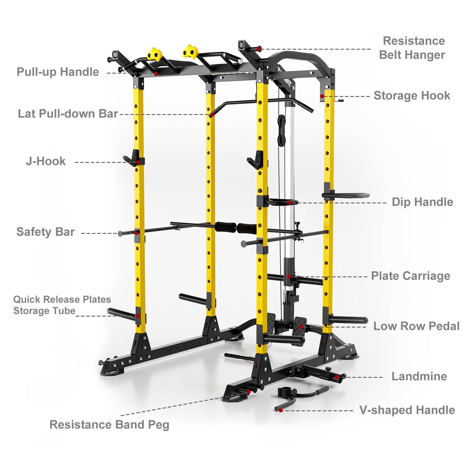 Power Cage Power Rack with J-Hooks Dip Handles Pulley System for Home Gym