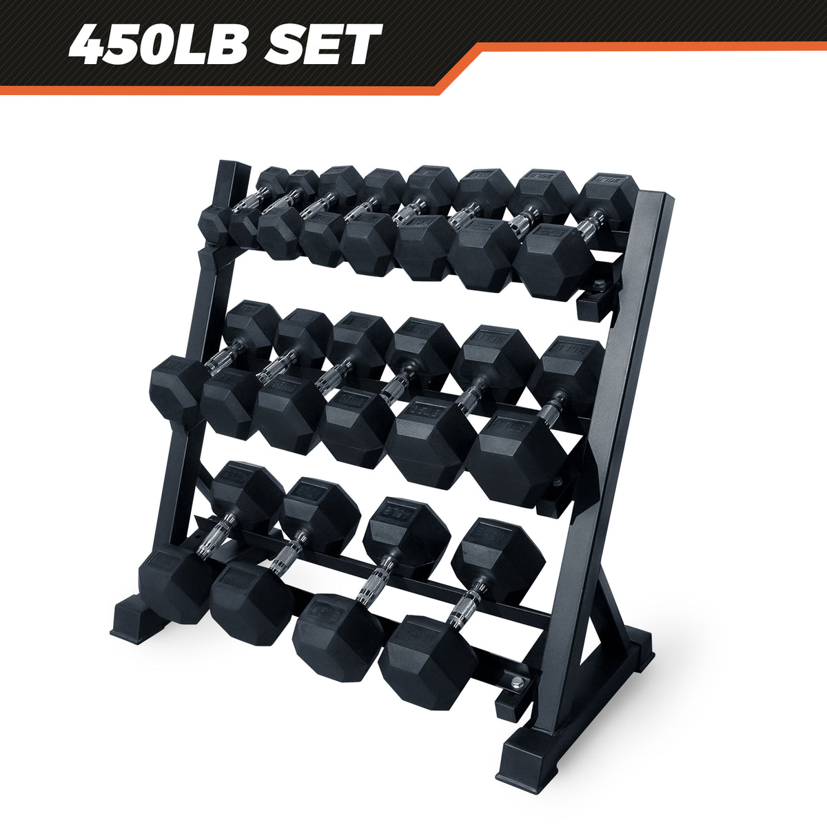 RitFit Rubber Hex Dumbbell Set with Rack