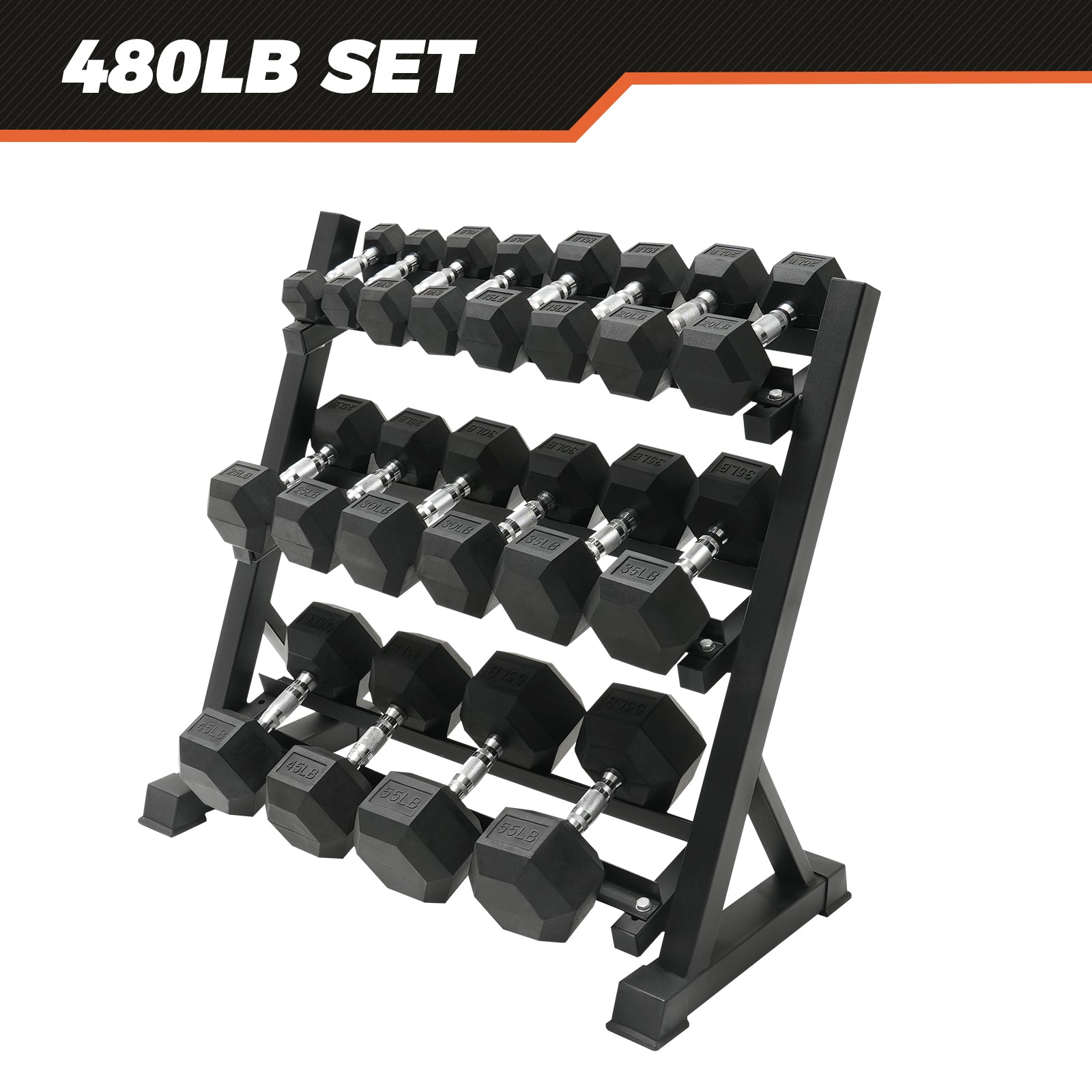 Rubber coated hex dumbbell set with rack sale