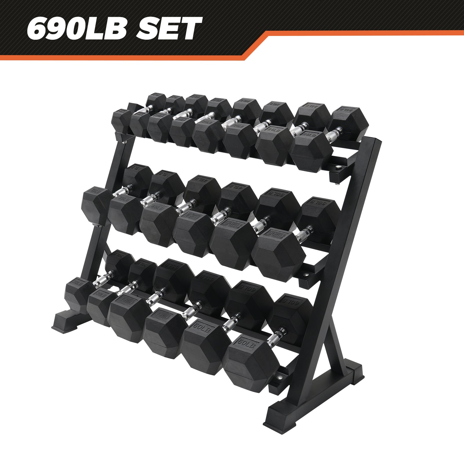 RitFit Rubber Hex Dumbbell Set with Rack