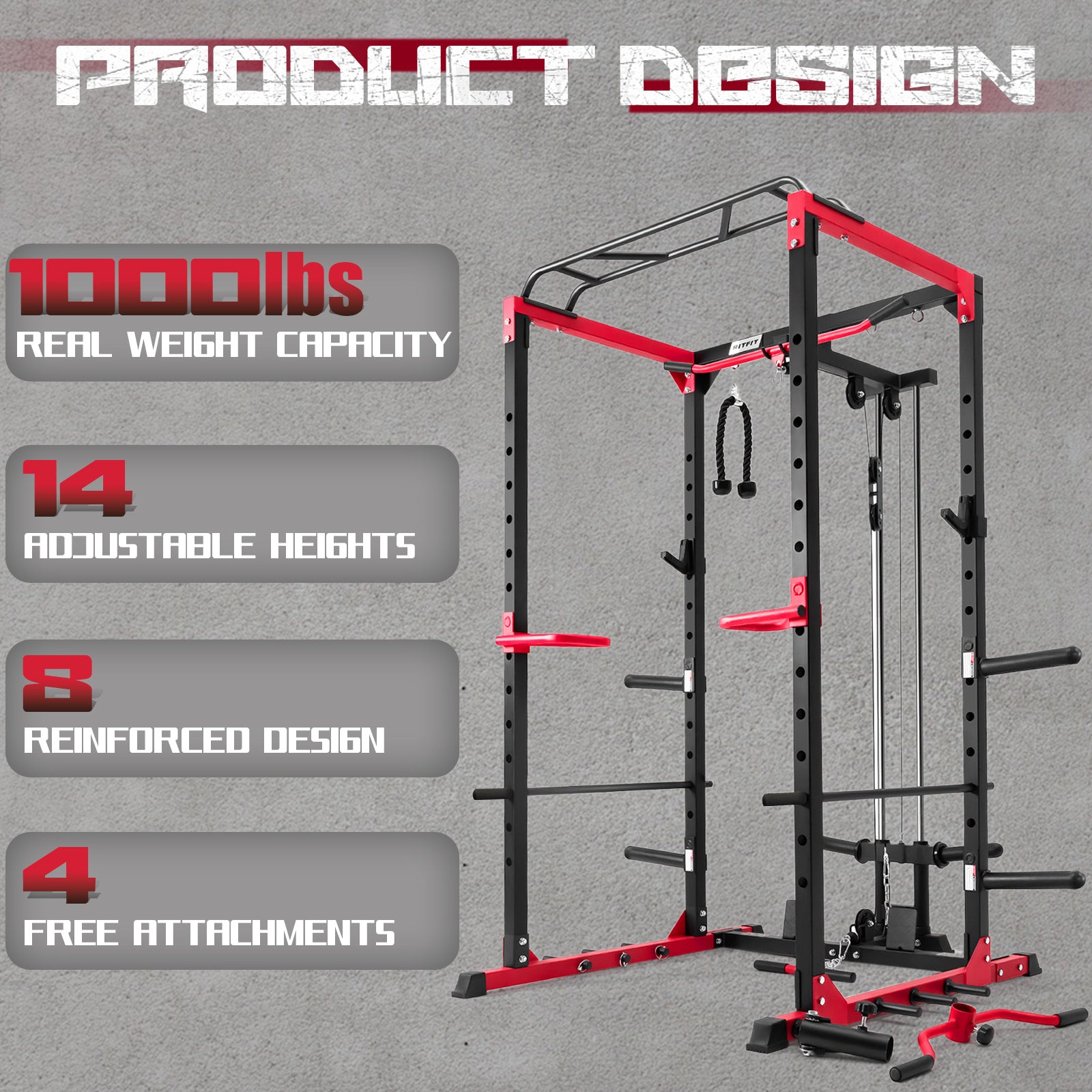 RitFit PPC02C Squat Rack with LAT Pulldown for Home Gym