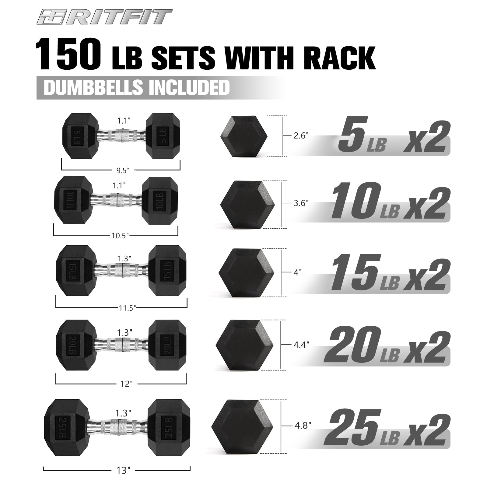 RitFit Rubber Hex Dumbbells Set with Rack, A-Frame Dumbbell Rack Weight RitFit 