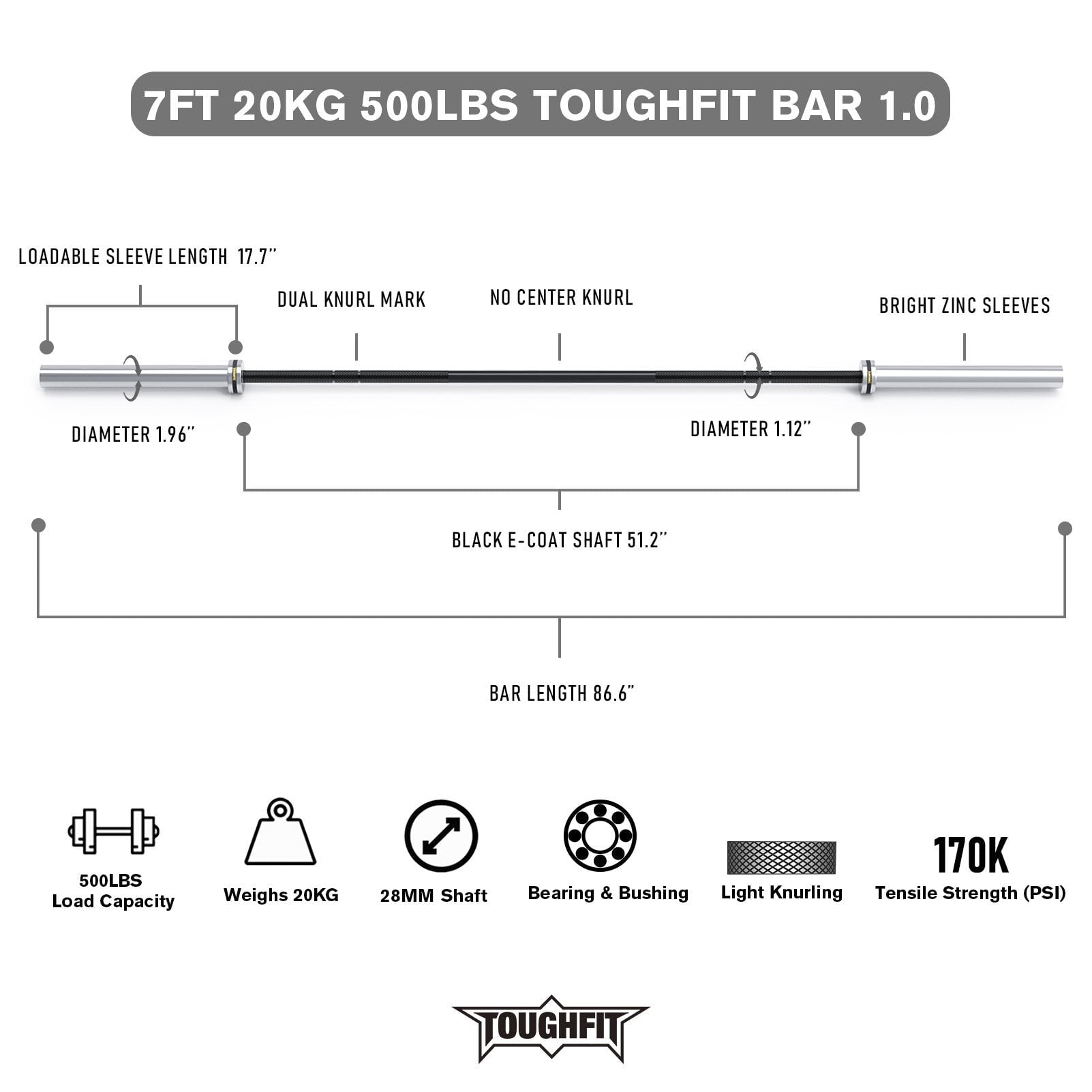ToughFit 7ft Olympic Barbell Bar 2.0 20KG 1200LBS Capacity